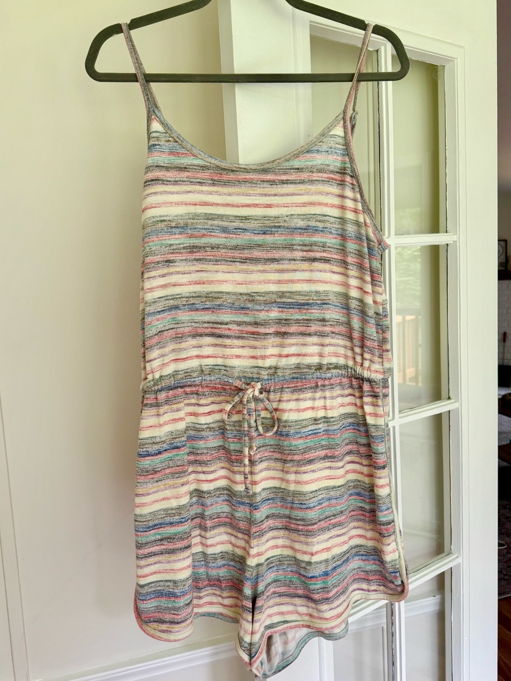 Mossimo Vintage Rainbow Striped Romper | Size Large | Tie Back | Drawstring Wais
